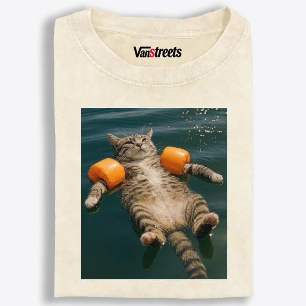 Tabby Cat With Arm Floaties Swimming Meme Retro Washed T-Shirt | 100% Cotton | Streetwear Essential