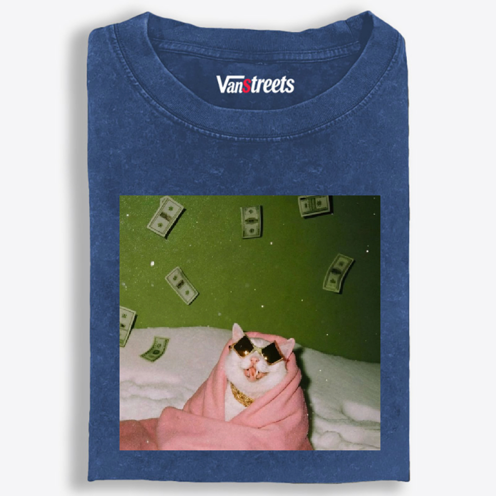 Rich Cat with Money Retro Washed T-Shirt | 100% Cotton | Streetwear Essential