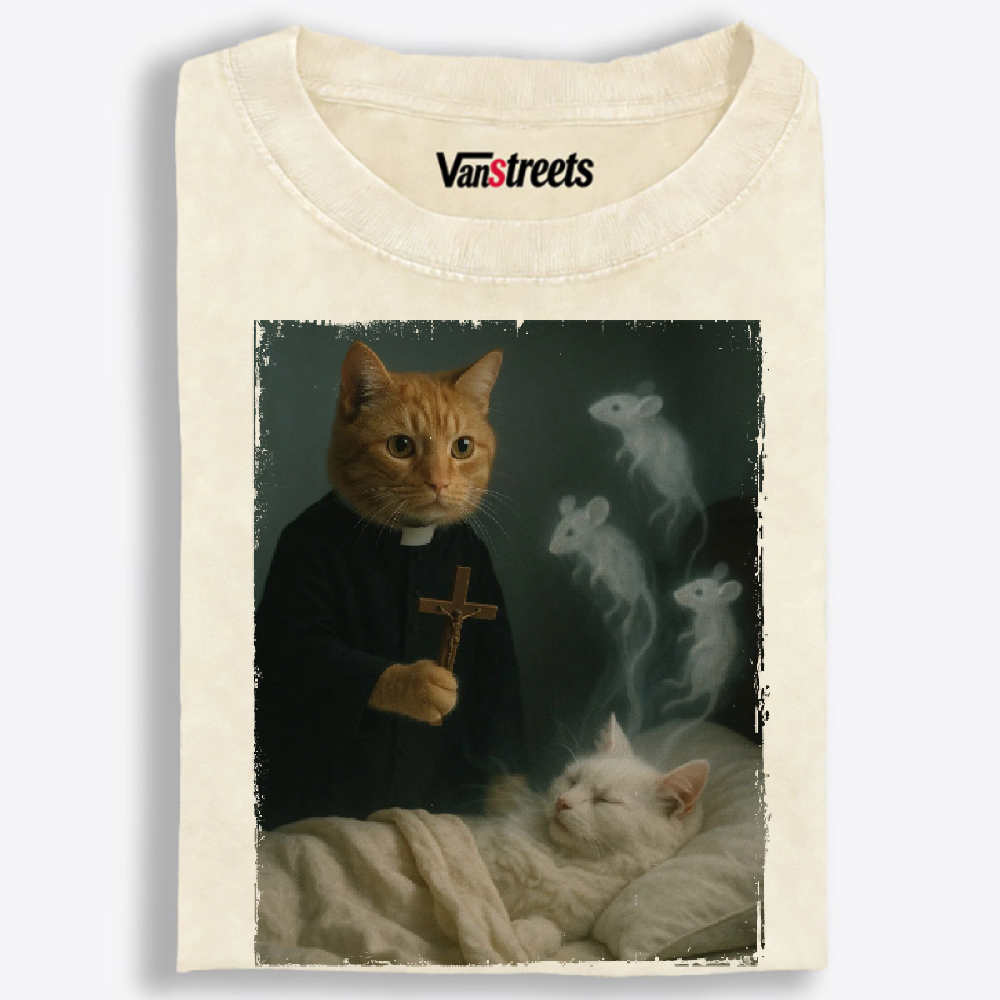 Cat Priest Exorcism Funny Retro Washed T-Shirt | 100% Cotton | Streetwear Essential