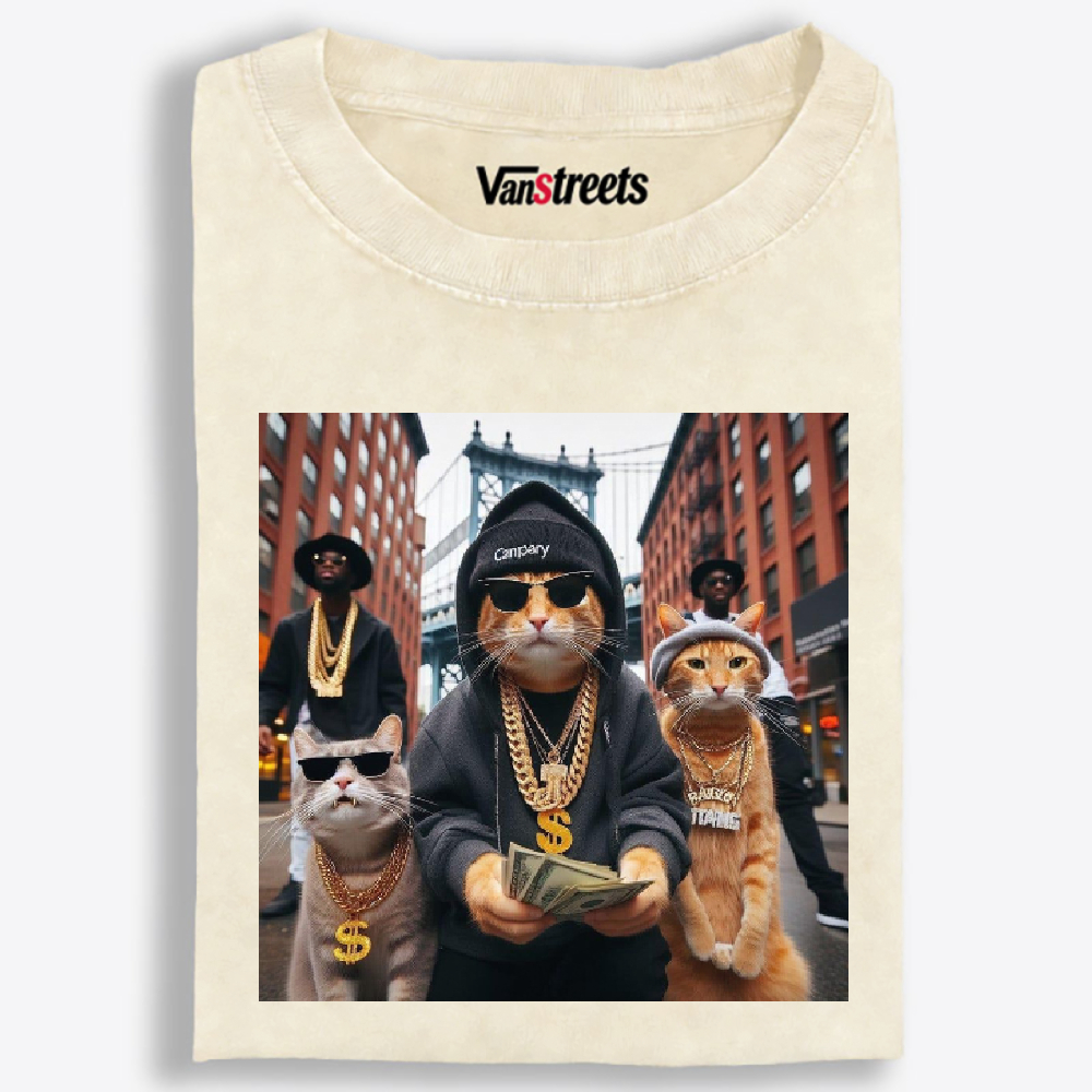 Hip-Hop Rich Cats Retro Washed T-Shirt | 100% Cotton | Streetwear Essential