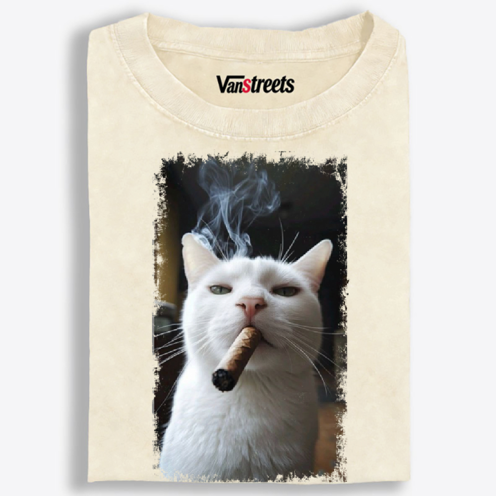 Vintage Cigar Smoking White Cat Graphic Washed T-Shirt | 100% Cotton | Streetwear Essential