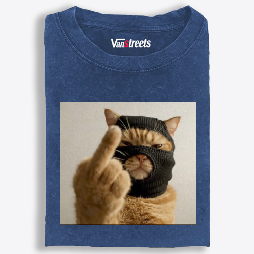 Bank Robber Cat Middle Finger Retro Washed T-Shirt | 100% Cotton | Streetwear Essential