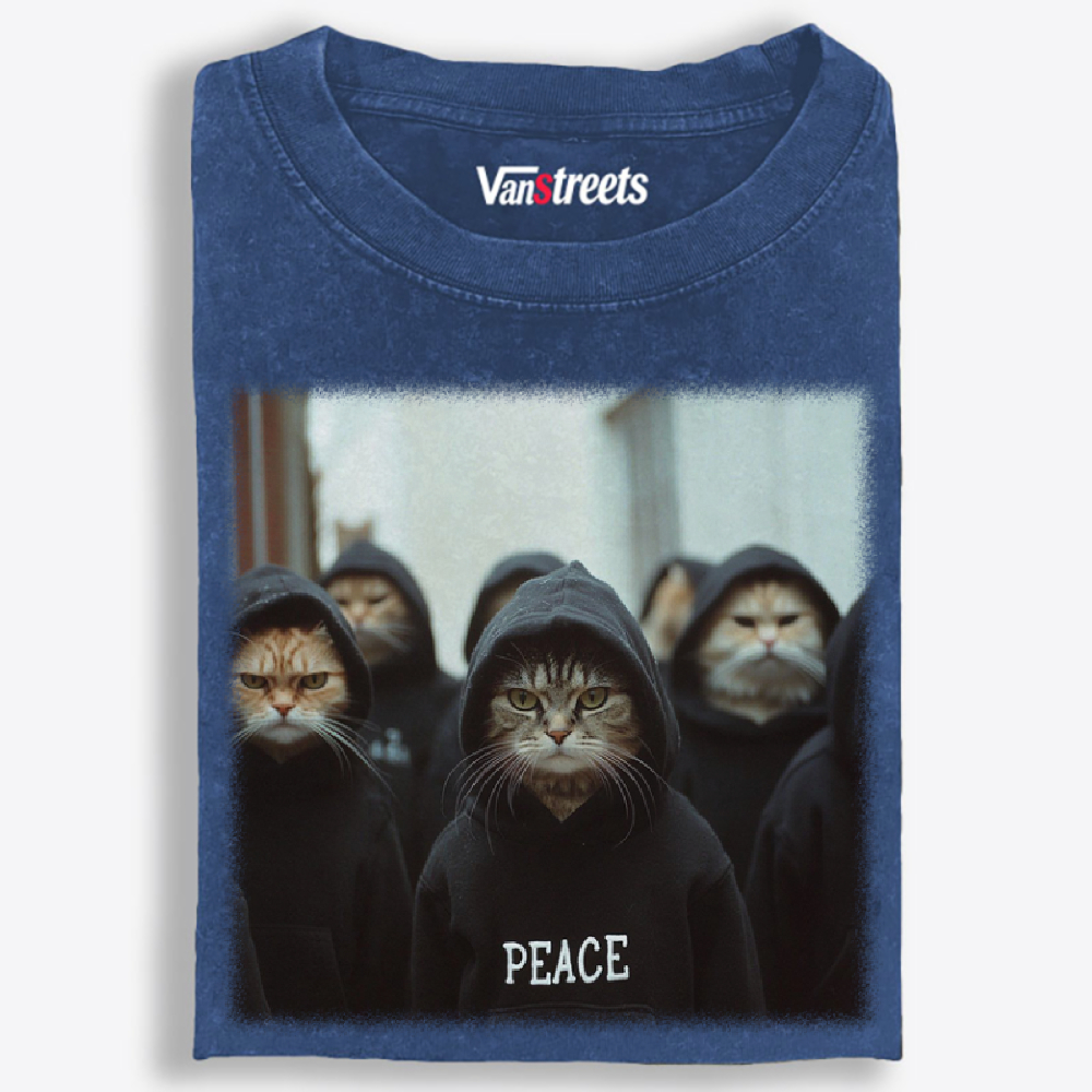 Peace Hoodie Cat Crew Graphic Washed T-Shirt | 100% Cotton | Streetwear Essential