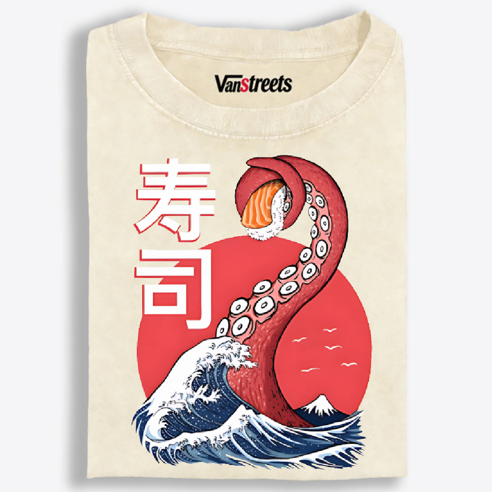 Octopus Sushi Great Wave Retro Washed T-Shirt | 100% Cotton | Streetwear Essential
