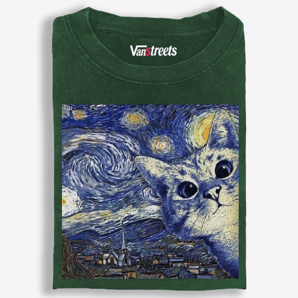 Starry Night Peeking Cat Washed T-Shirt | 100% Cotton | Streetwear Essential