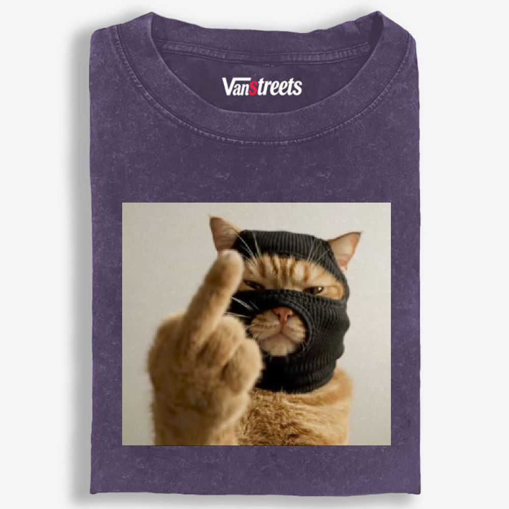 Bank Robber Cat Middle Finger Retro Washed T-Shirt | 100% Cotton | Streetwear Essential