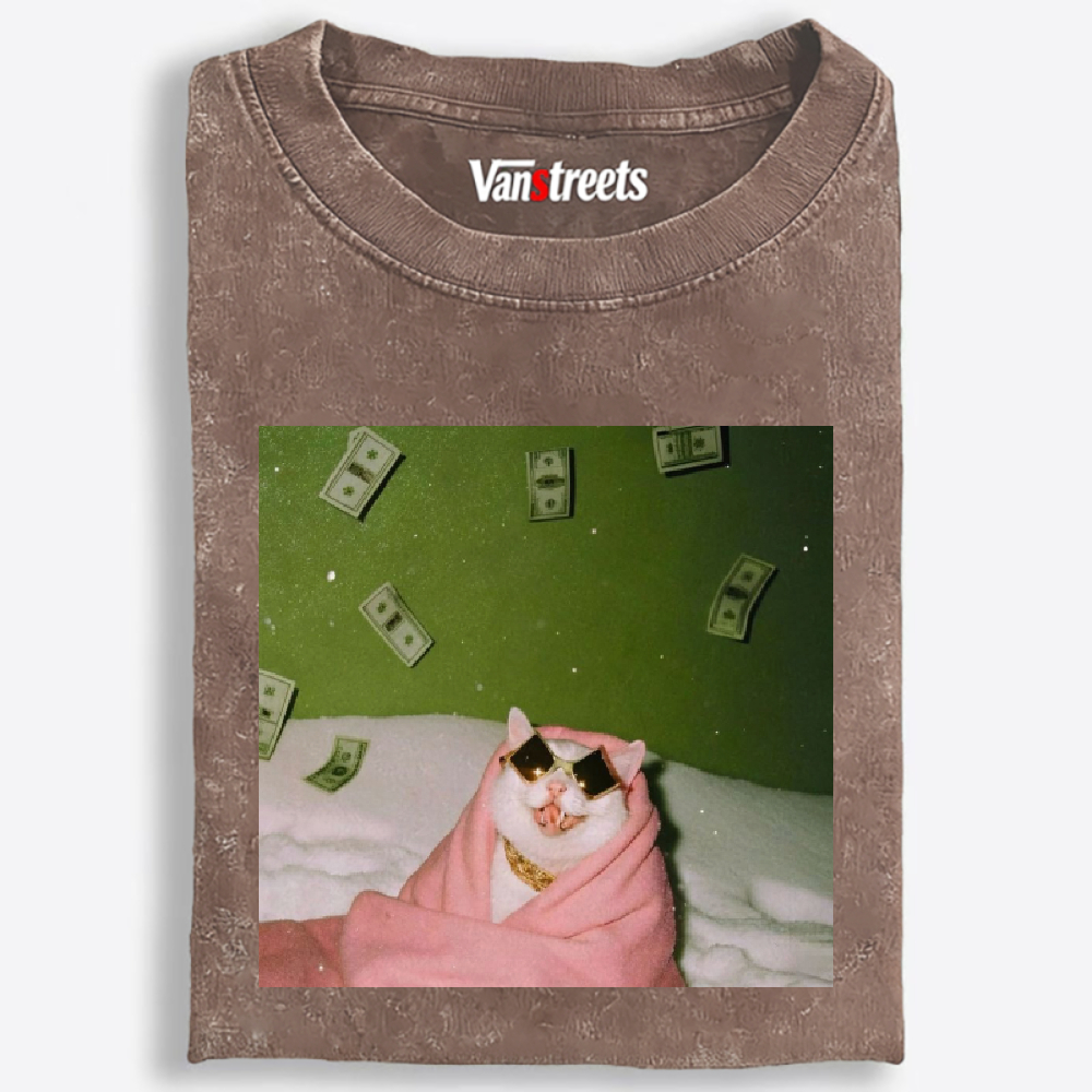 Rich Cat with Money Retro Washed T-Shirt | 100% Cotton | Streetwear Essential