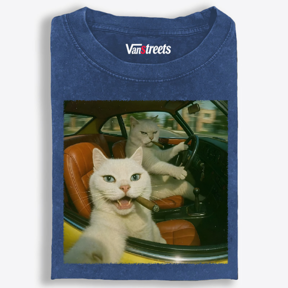 Cats With Cigars, Retro Vibes Washed T-Shirt | 100% Cotton | Streetwear Essential