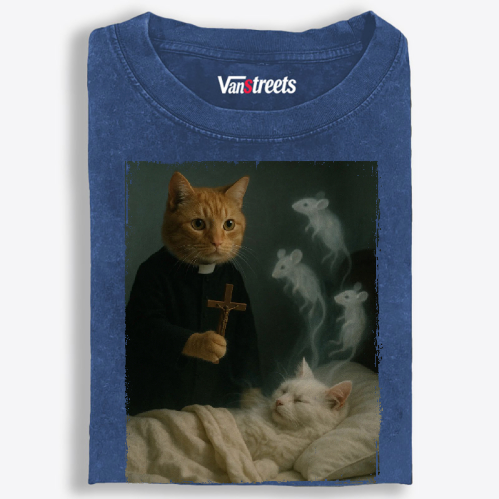 Cat Priest Exorcism Funny Retro Washed T-Shirt | 100% Cotton | Streetwear Essential