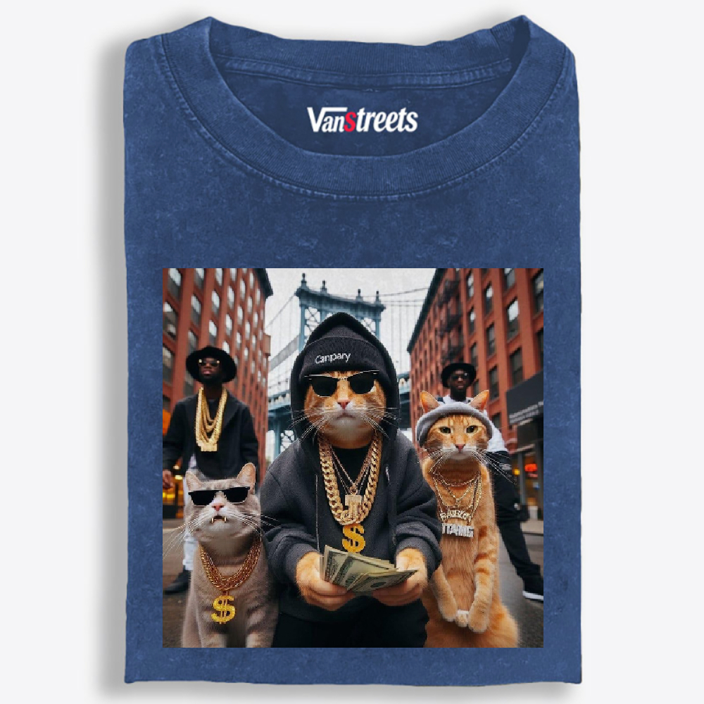 Hip-Hop Rich Cats Retro Washed T-Shirt | 100% Cotton | Streetwear Essential