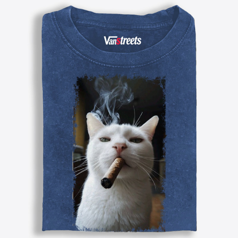 Vintage Cigar Smoking White Cat Graphic Washed T-Shirt | 100% Cotton | Streetwear Essential