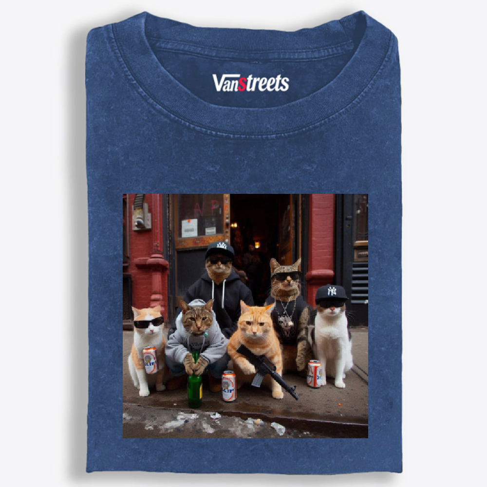 Street Gang Cats Hardcore Retro Washed T-Shirt | 100% Cotton | Streetwear Essential