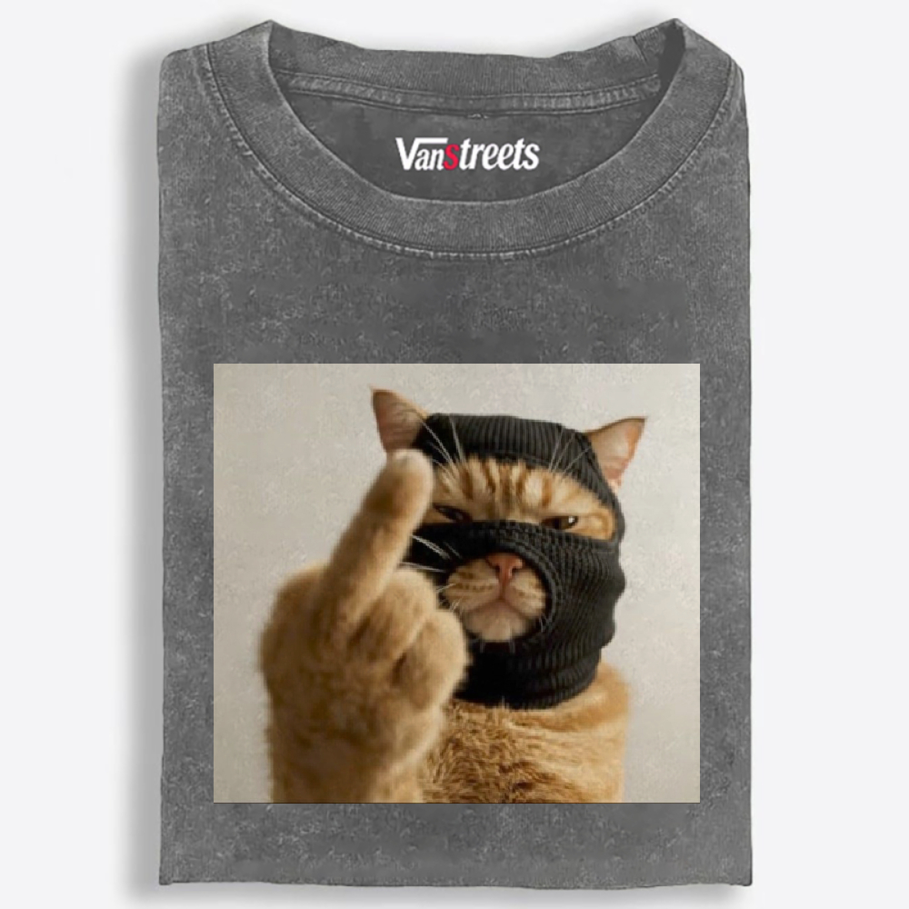 Bank Robber Cat Middle Finger Retro Washed T-Shirt | 100% Cotton | Streetwear Essential