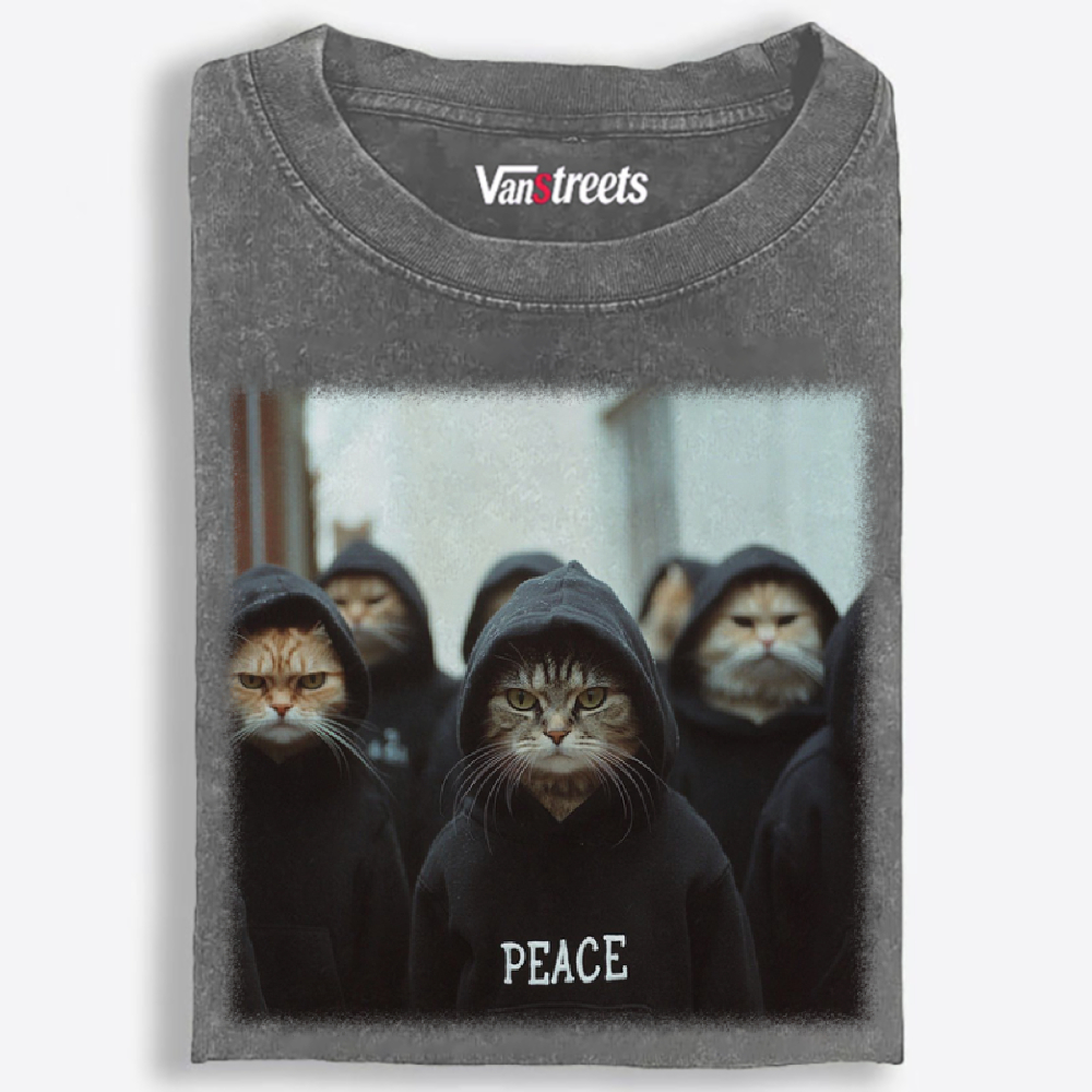 Peace Hoodie Cat Crew Graphic Washed T-Shirt | 100% Cotton | Streetwear Essential