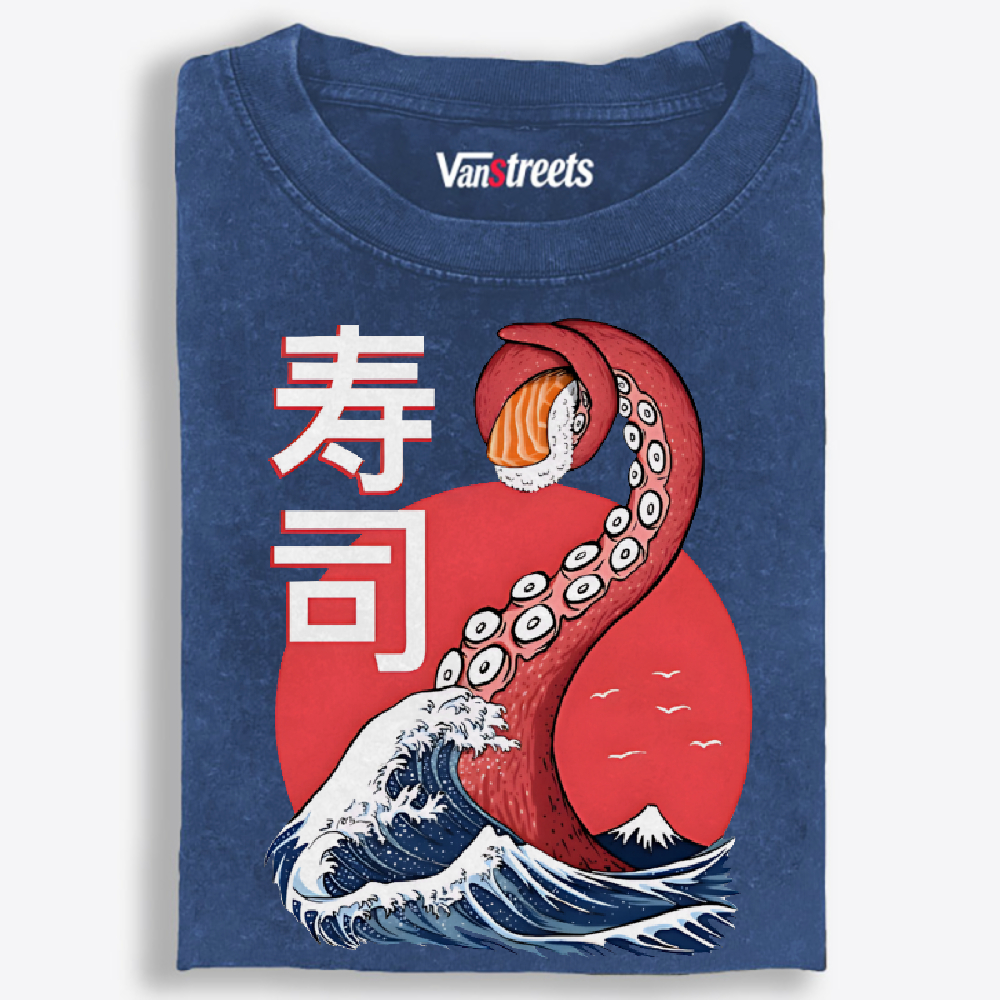 Octopus Sushi Great Wave Retro Washed T-Shirt | 100% Cotton | Streetwear Essential