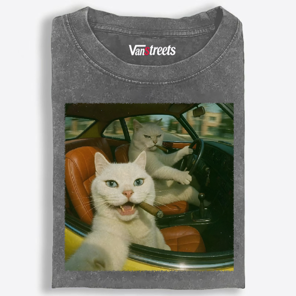 Cats With Cigars, Retro Vibes Washed T-Shirt | 100% Cotton | Streetwear Essential