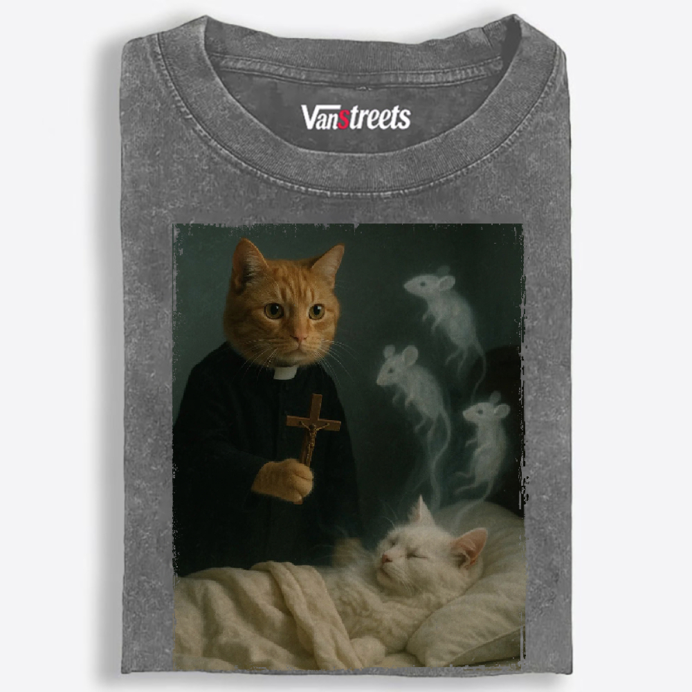 Cat Priest Exorcism Funny Retro Washed T-Shirt | 100% Cotton | Streetwear Essential