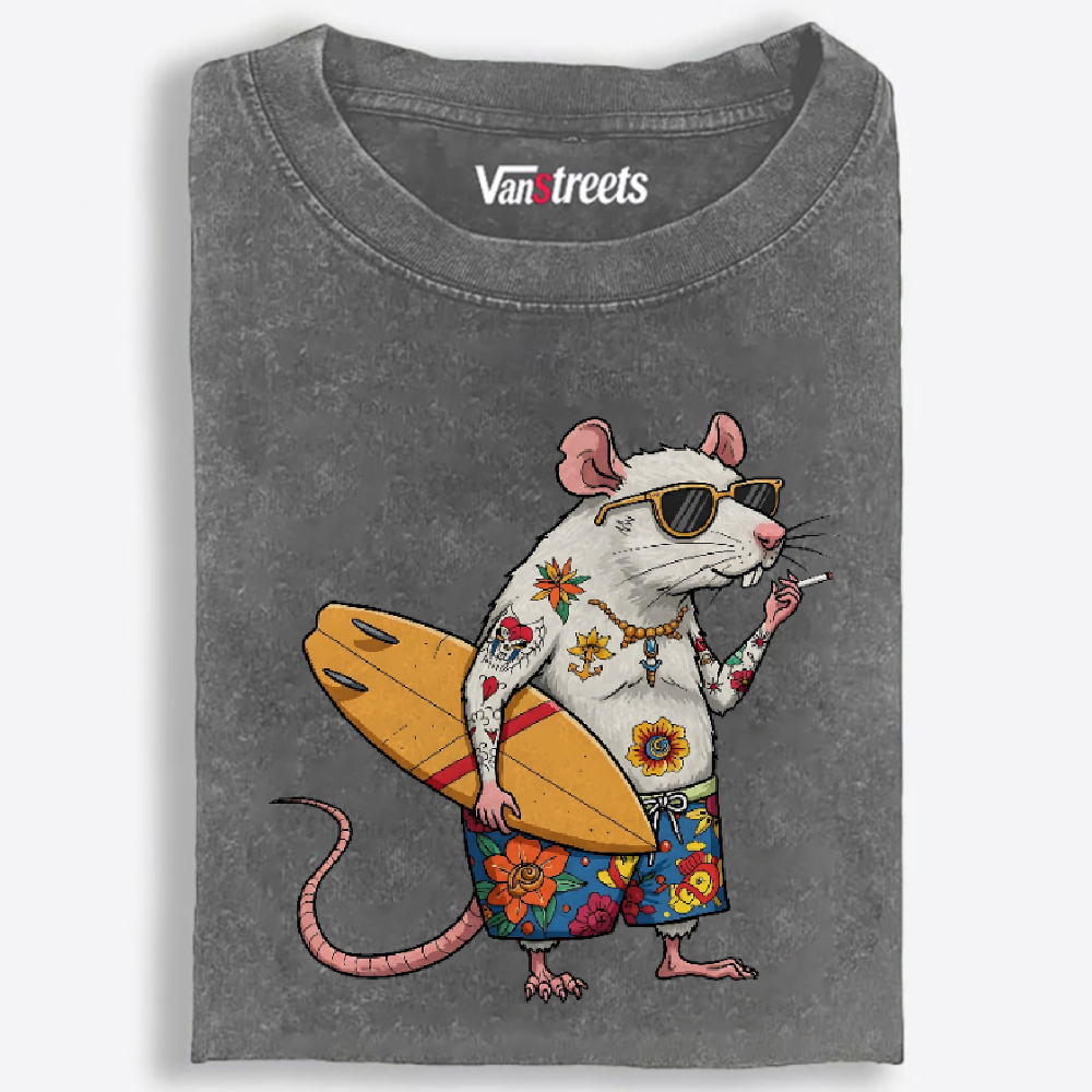 Surfing Rat Retro Washed T-Shirt | 100% Cotton | Streetwear Essential