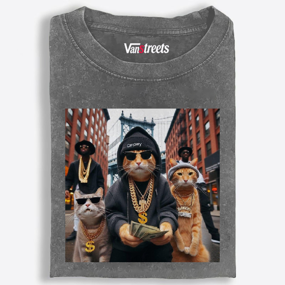 Hip-Hop Rich Cats Retro Washed T-Shirt | 100% Cotton | Streetwear Essential