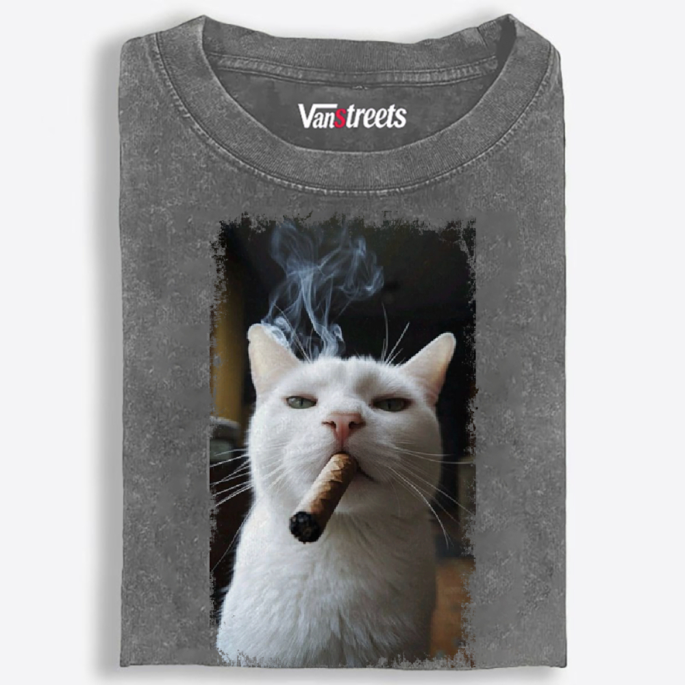 Vintage Cigar Smoking White Cat Graphic Washed T-Shirt | 100% Cotton | Streetwear Essential