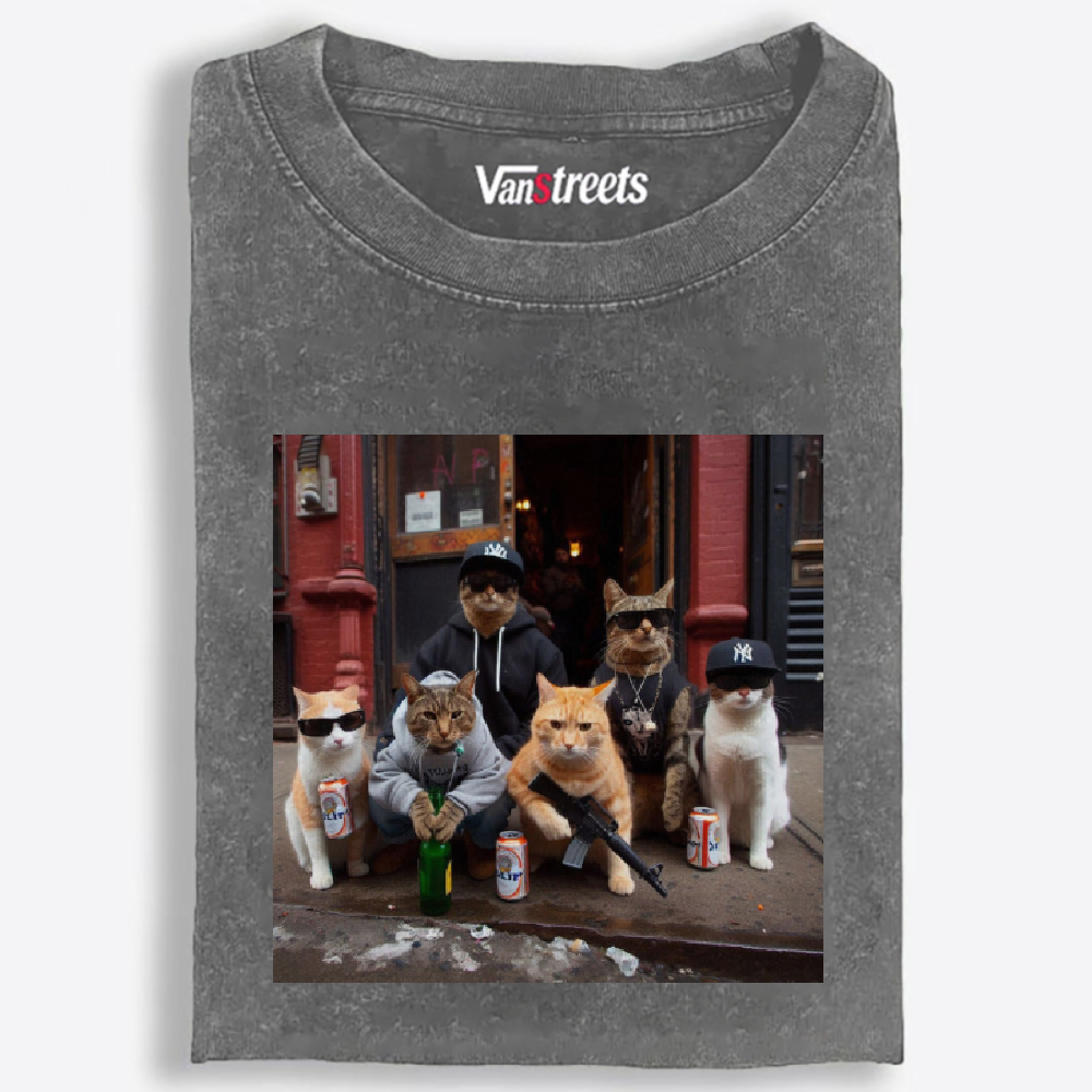 Street Gang Cats Hardcore Retro Washed T-Shirt | 100% Cotton | Streetwear Essential