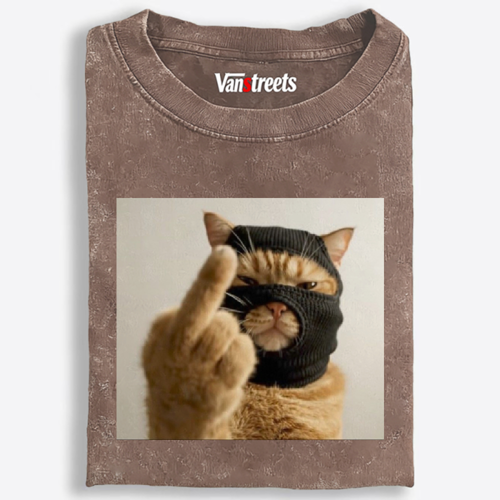 Bank Robber Cat Middle Finger Retro Washed T-Shirt | 100% Cotton | Streetwear Essential