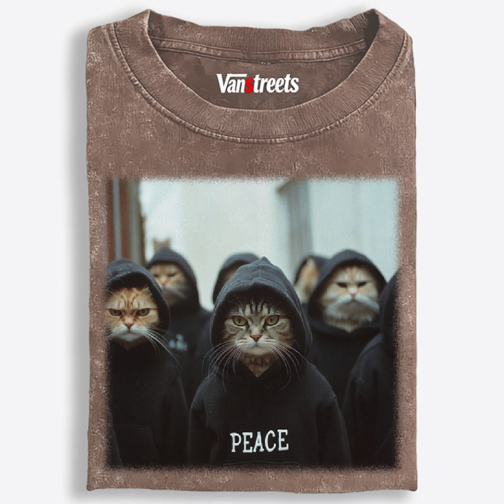 Peace Hoodie Cat Crew Graphic Washed T-Shirt | 100% Cotton | Streetwear Essential