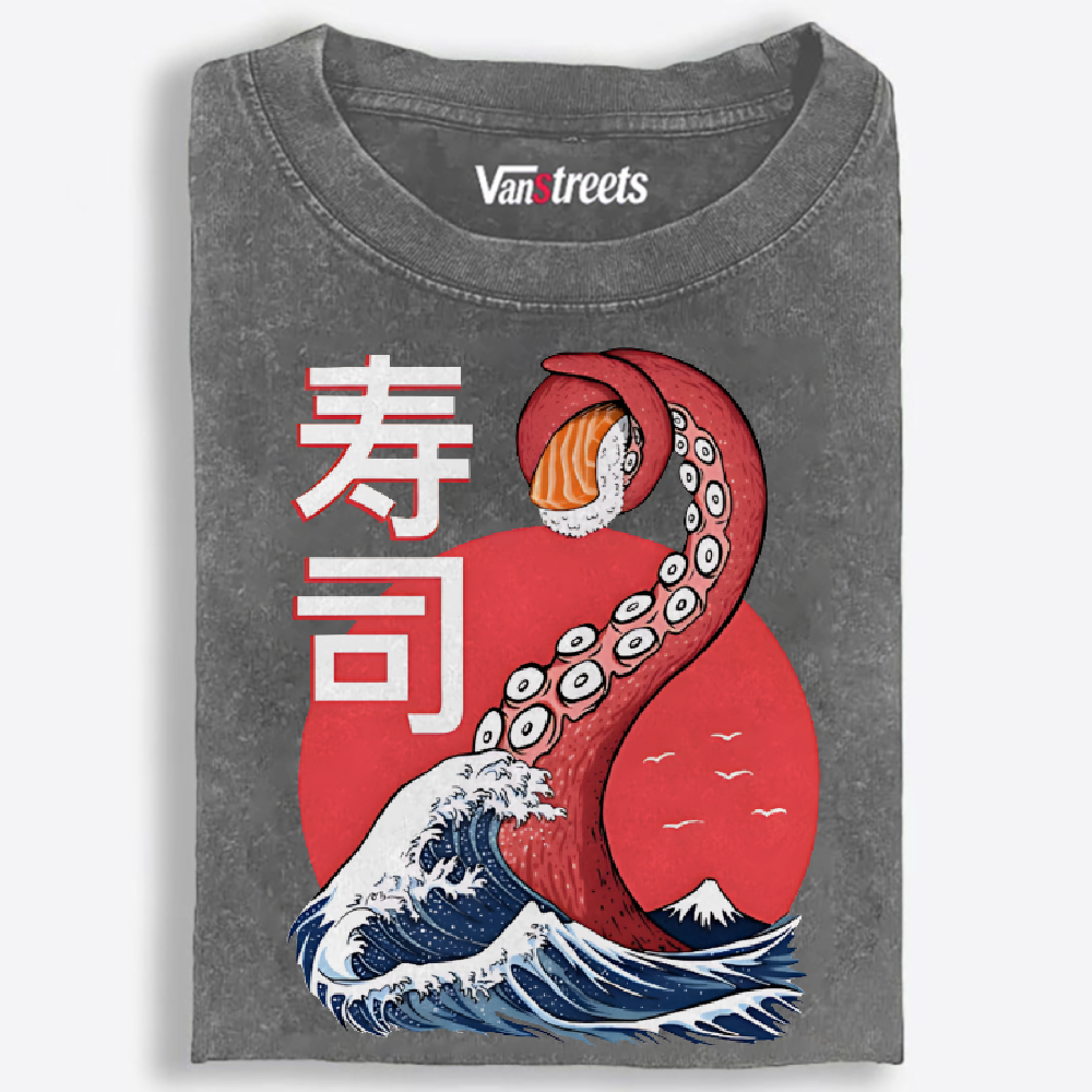 Octopus Sushi Great Wave Retro Washed T-Shirt | 100% Cotton | Streetwear Essential