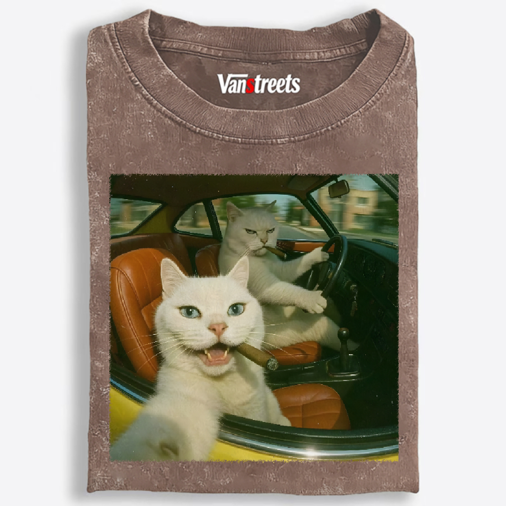 Cats With Cigars, Retro Vibes Washed T-Shirt | 100% Cotton | Streetwear Essential