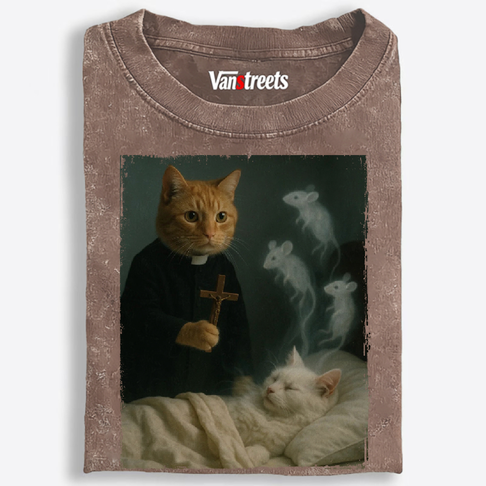 Cat Priest Exorcism Funny Retro Washed T-Shirt | 100% Cotton | Streetwear Essential