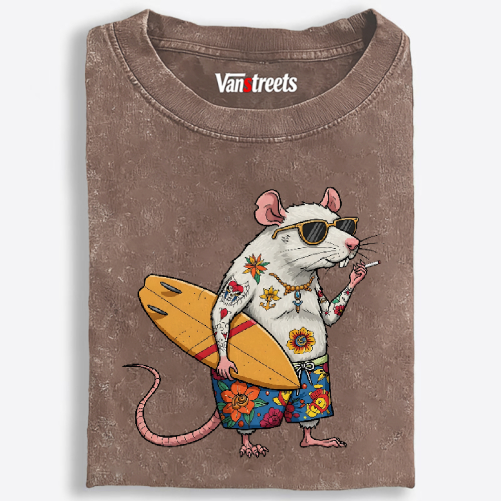Surfing Rat Retro Washed T-Shirt | 100% Cotton | Streetwear Essential