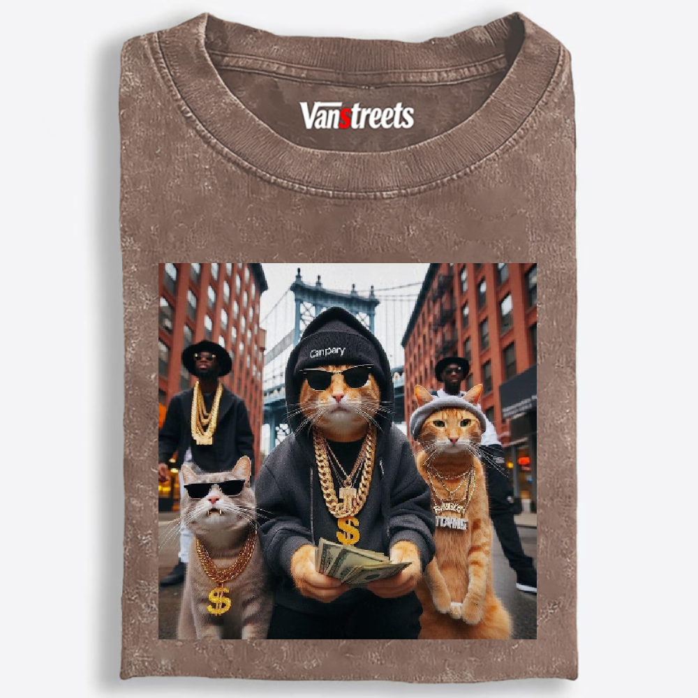Hip-Hop Rich Cats Retro Washed T-Shirt | 100% Cotton | Streetwear Essential