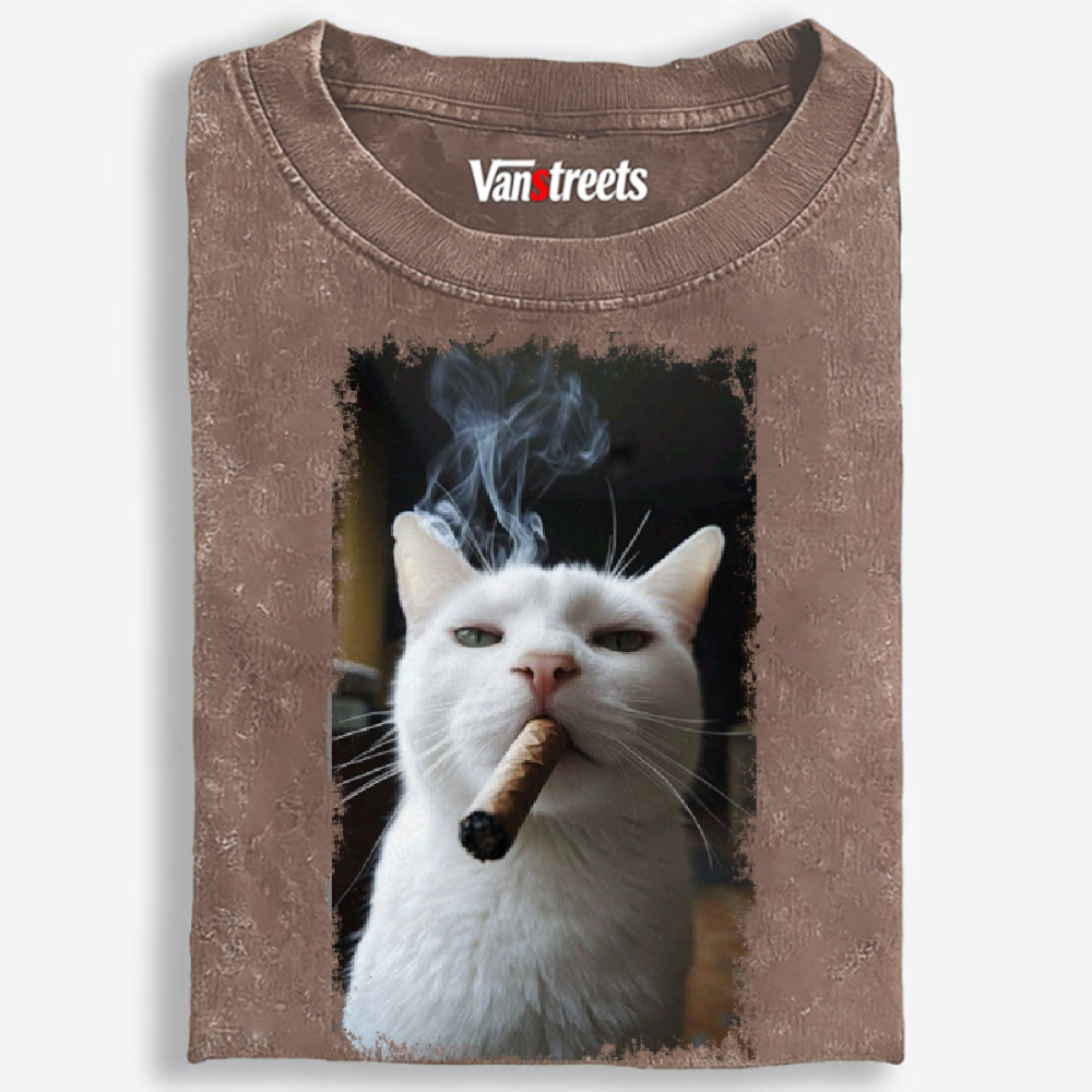 Vintage Cigar Smoking White Cat Graphic Washed T-Shirt | 100% Cotton | Streetwear Essential