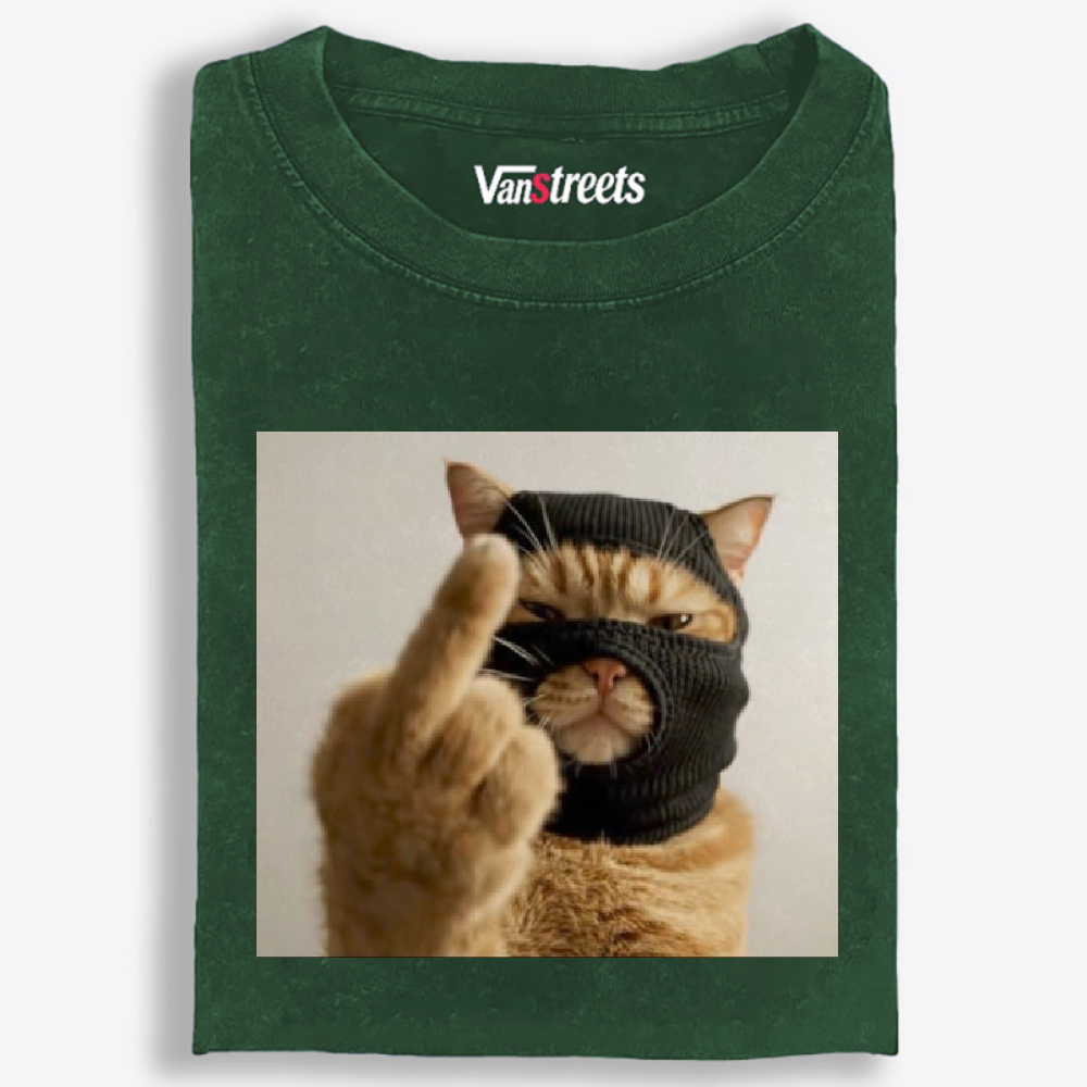 Bank Robber Cat Middle Finger Retro Washed T-Shirt | 100% Cotton | Streetwear Essential