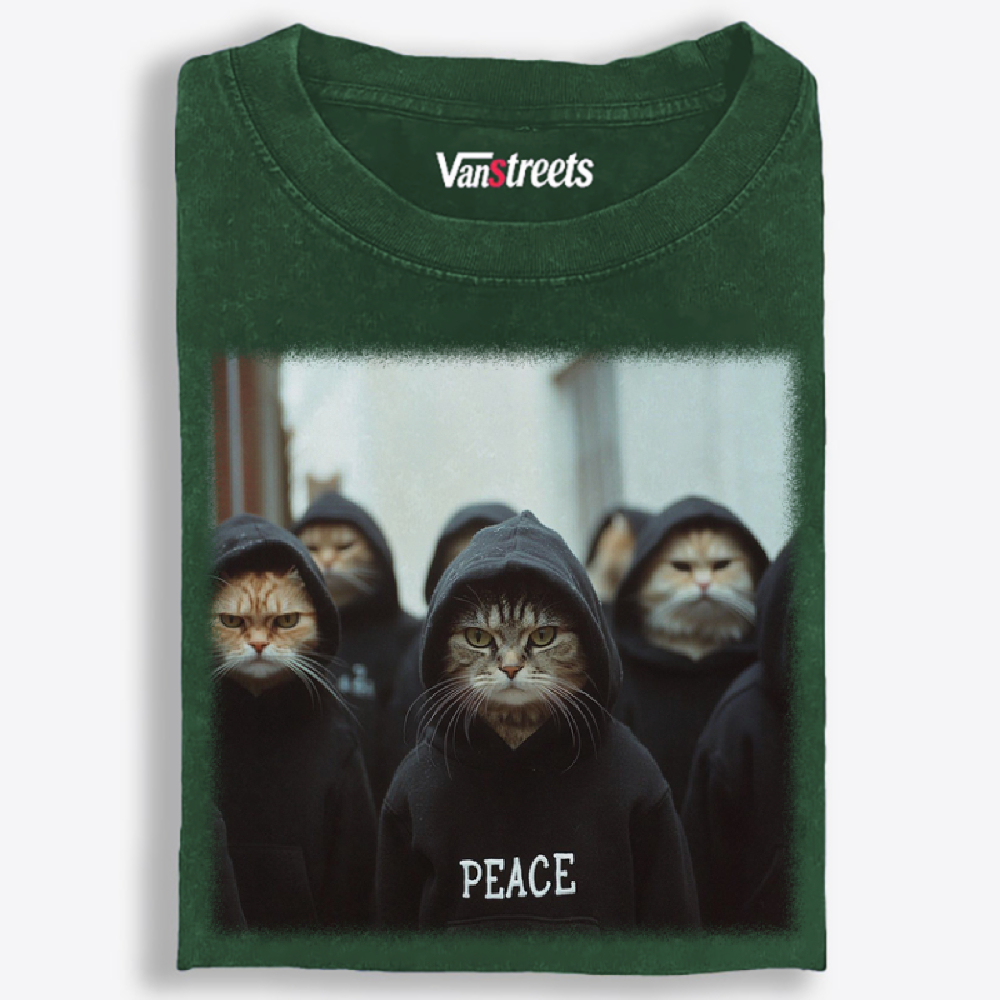 Peace Hoodie Cat Crew Graphic Washed T-Shirt | 100% Cotton | Streetwear Essential
