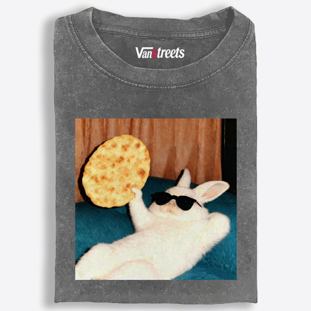Cool Rabbit With Flatbread Meme Retro Washed T-Shirt | 100% Cotton | Streetwear Essential