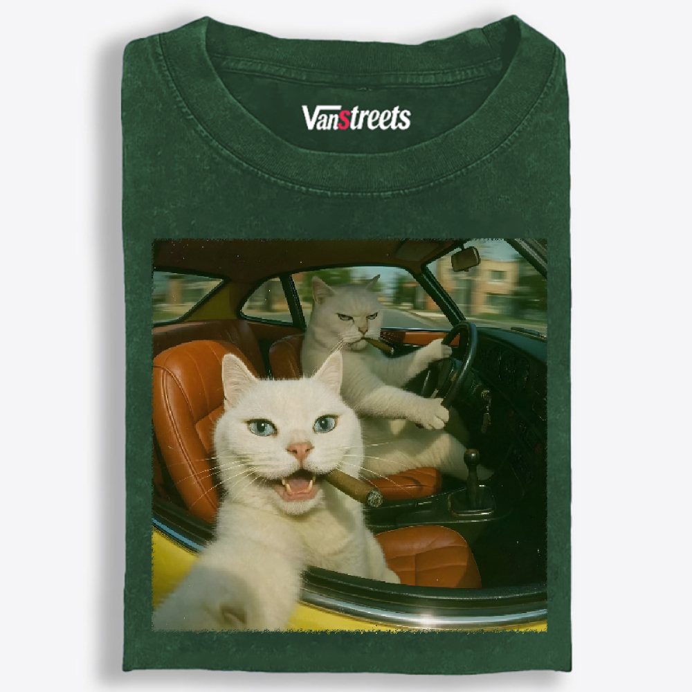 Cats With Cigars, Retro Vibes Washed T-Shirt | 100% Cotton | Streetwear Essential