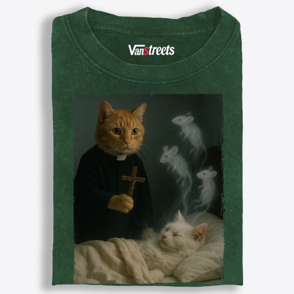Cat Priest Exorcism Funny Retro Washed T-Shirt | 100% Cotton | Streetwear Essential