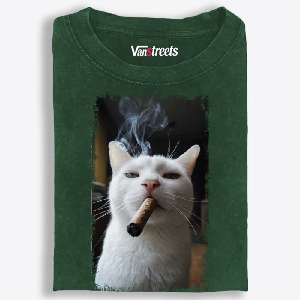 Vintage Cigar Smoking White Cat Graphic Washed T-Shirt | 100% Cotton | Streetwear Essential
