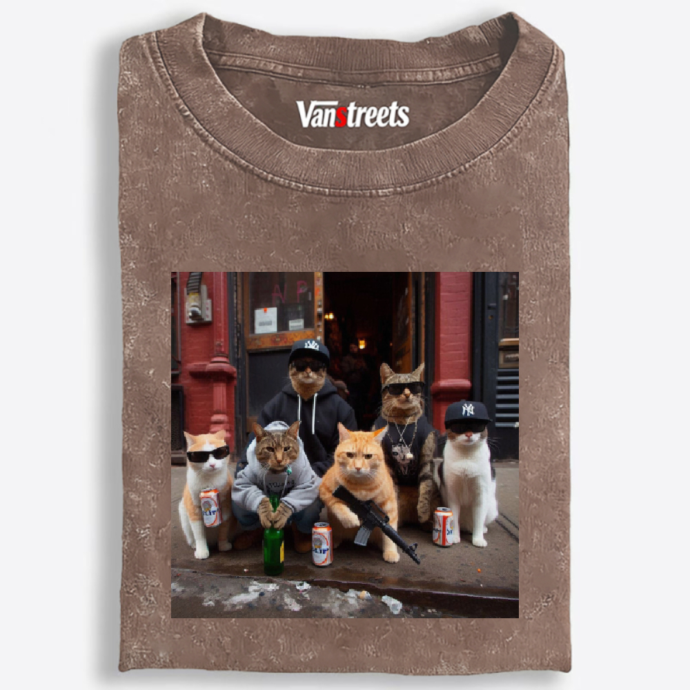 Street Gang Cats Hardcore Retro Washed T-Shirt | 100% Cotton | Streetwear Essential