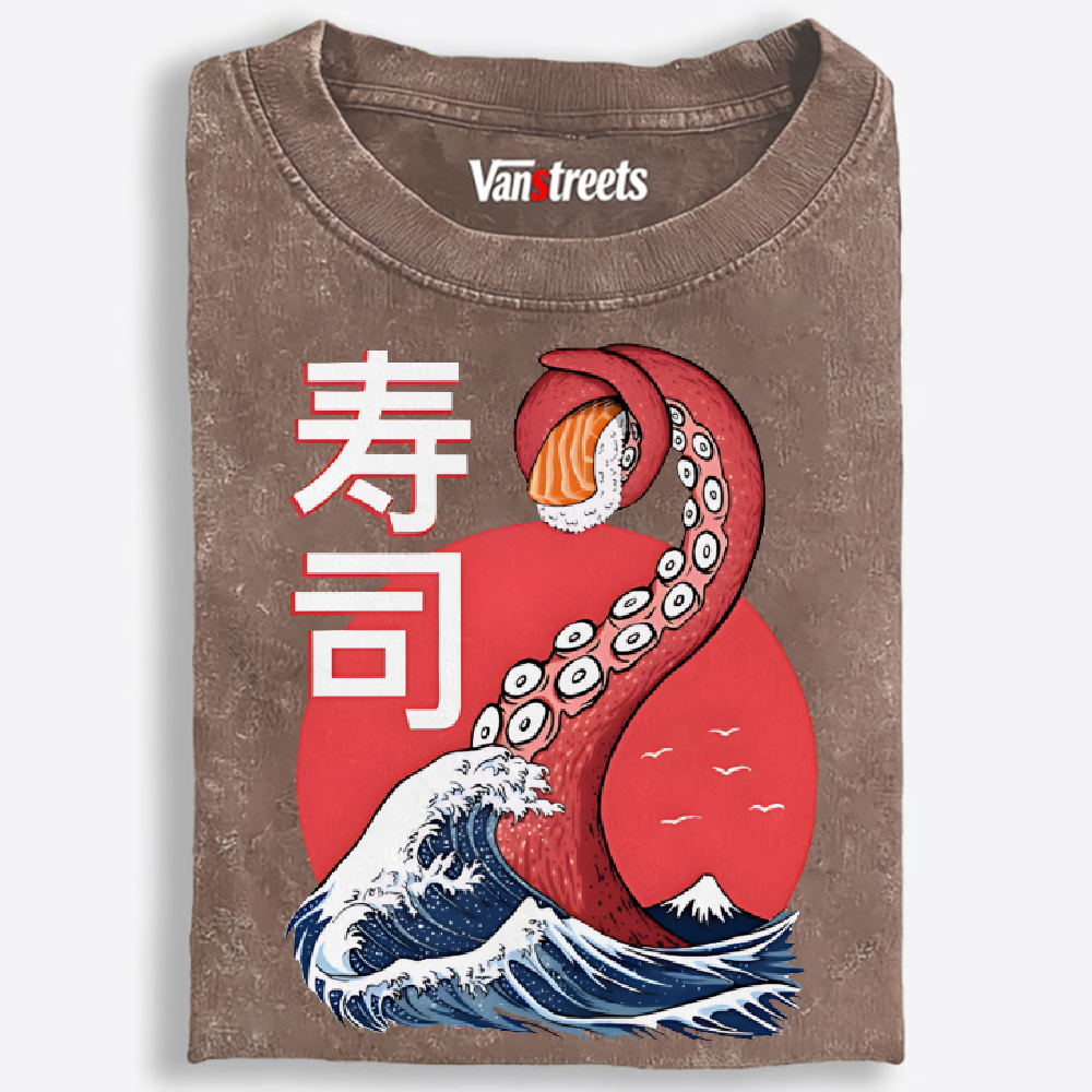 Octopus Sushi Great Wave Retro Washed T-Shirt | 100% Cotton | Streetwear Essential