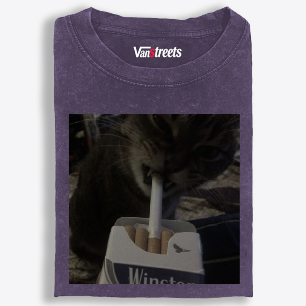 Cat with Cigarette Retro Black & White Retro Washed T-Shirt | 100% Cotton | Streetwear Essential