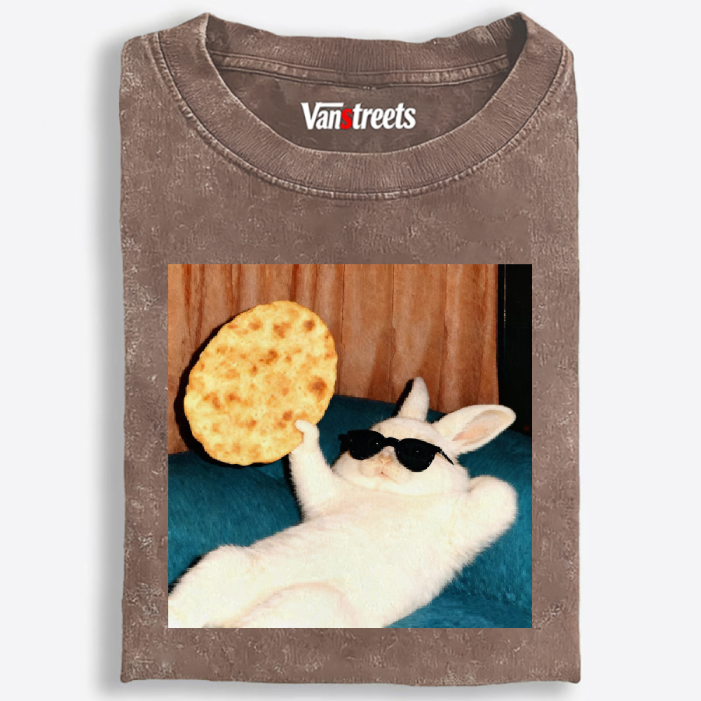 Cool Rabbit With Flatbread Meme Retro Washed T-Shirt | 100% Cotton | Streetwear Essential
