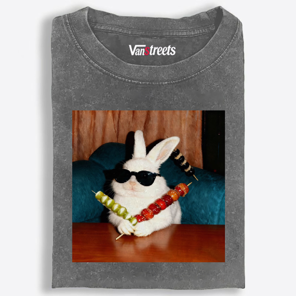 Rabbit Holding Candied Haws Sunglasses Retro Washed T-Shirt | 100% Cotton | Streetwear Essential