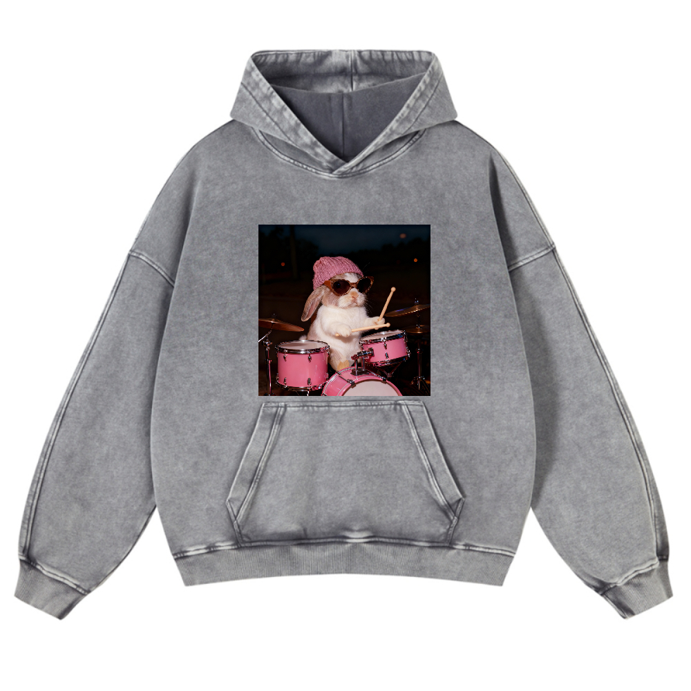 Bunny Rockin' Bunny Retro Washed Hoodide | 100% Cotton | Streetwear Essential
