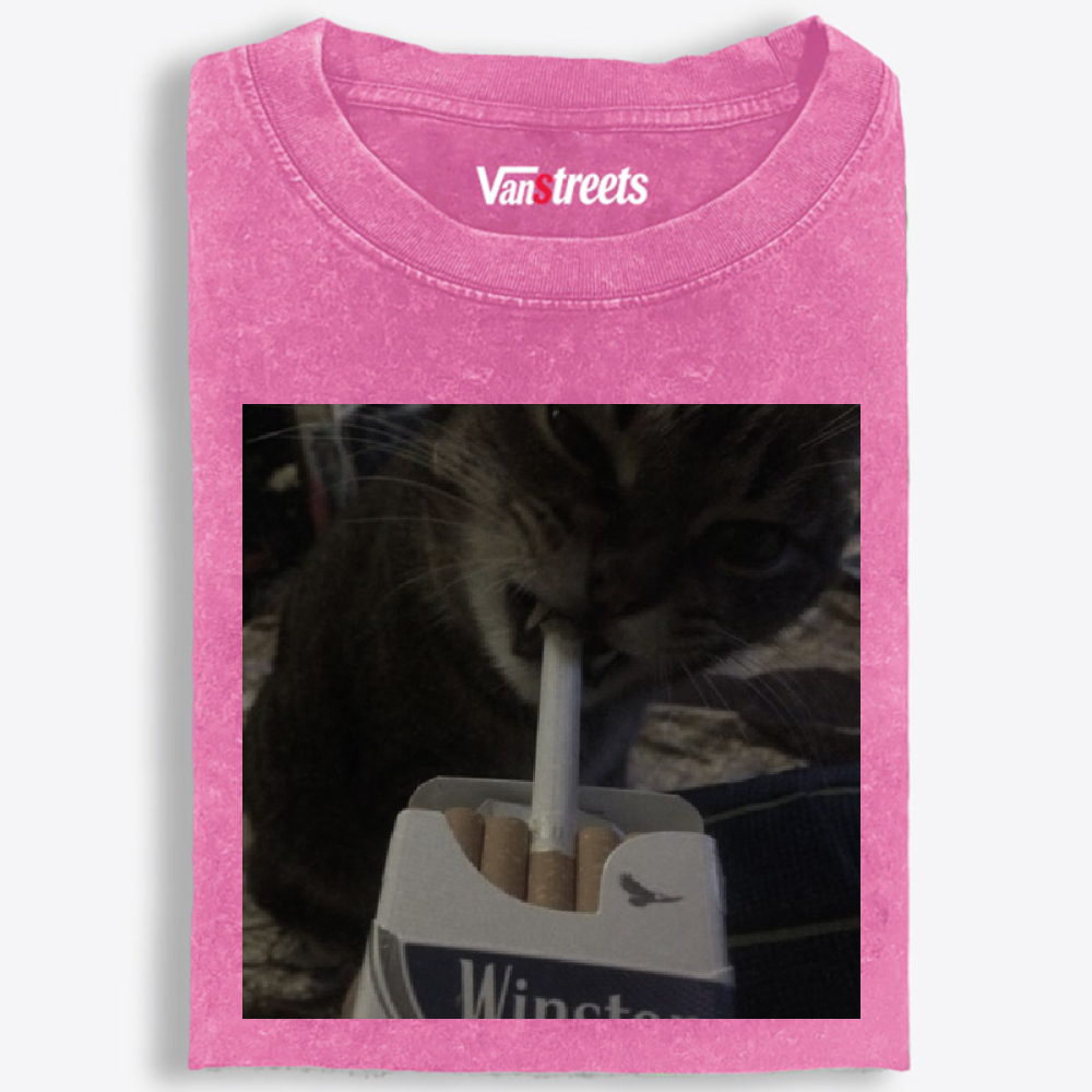 Cat with Cigarette Retro Black & White Retro Washed T-Shirt | 100% Cotton | Streetwear Essential