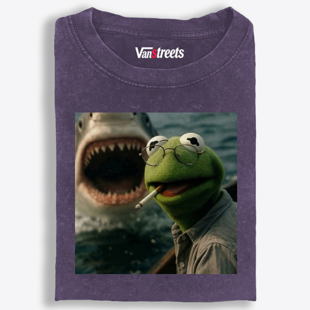 Kermit the Frog vs Great White Shark Meme Retro Washed T-Shirt | 100% Cotton | Streetwear Essential