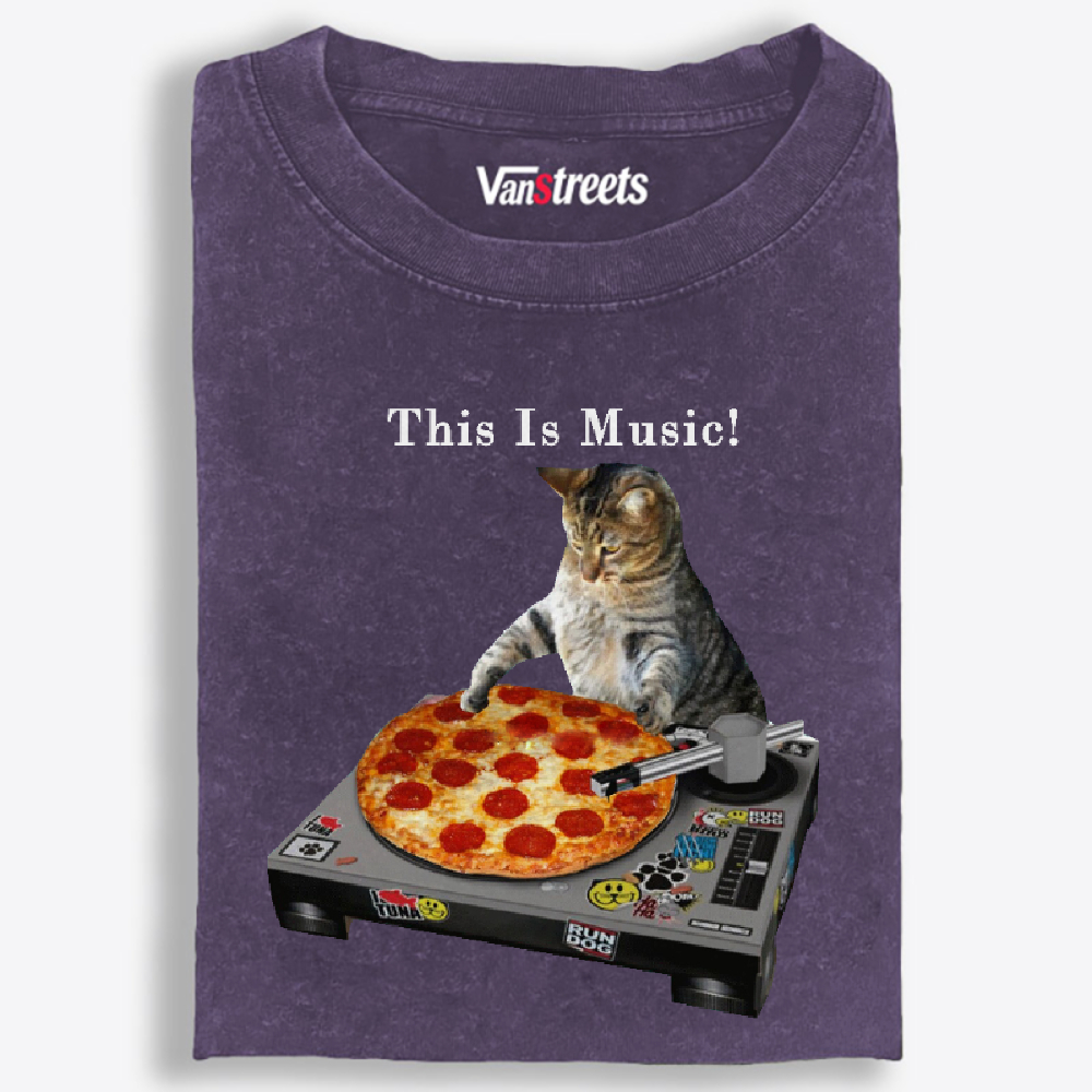 This Is Music! Pizza Turntable Cat Retro Washed T-Shirt | 100% Cotton | Streetwear Essential