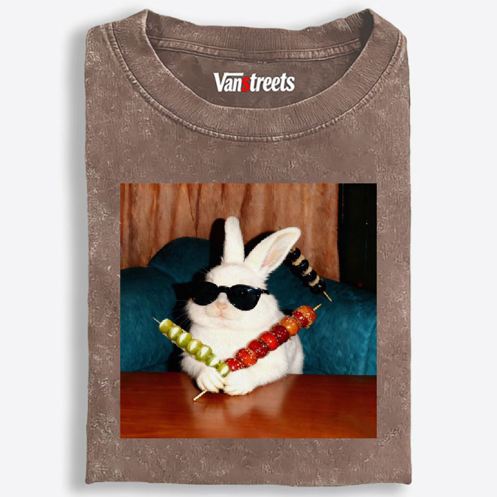 Rabbit Holding Candied Haws Sunglasses Retro Washed T-Shirt | 100% Cotton | Streetwear Essential