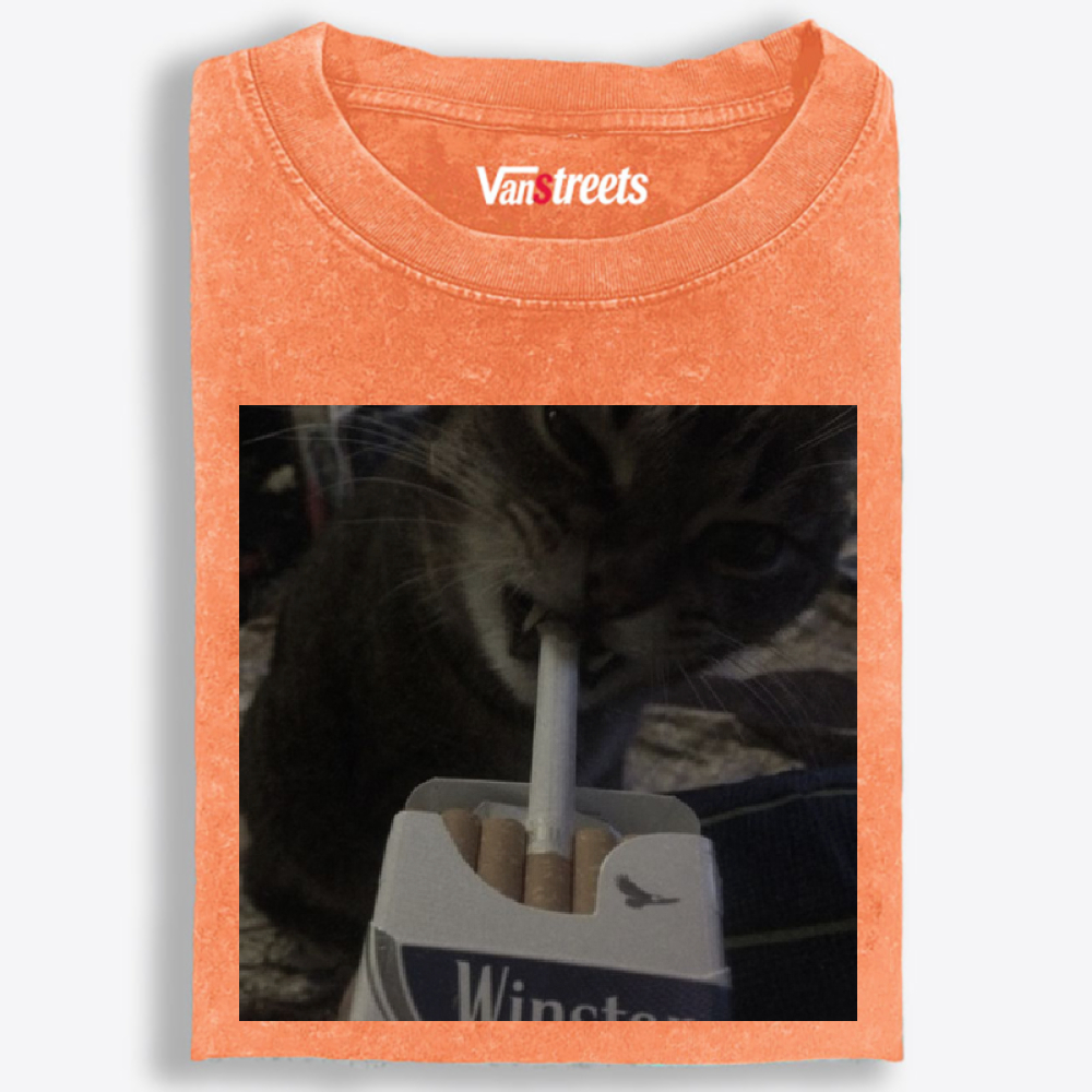 Cat with Cigarette Retro Black & White Retro Washed T-Shirt | 100% Cotton | Streetwear Essential